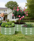 Three Round Galvanized Raised Garden Beds Kit 2 Foot Diameter By 1 Foot Deep Outdoor Planter Boxes in use on a lawn with plants