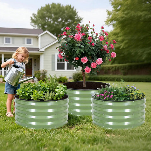 Three Round Galvanized Raised Garden Beds Kit 2 Foot Diameter By 1 Foot Deep Outdoor Planter Boxes in use on a lawn with plants