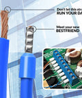 Close-up of crimped wire with Ferrule Crimping Tool Kit With Wire Crimper, and color-coded connectors in electric panel.