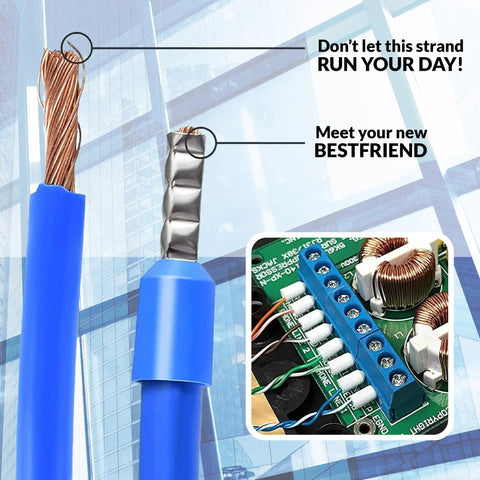 Close-up of crimped wire with Ferrule Crimping Tool Kit With Wire Crimper, and color-coded connectors in electric panel.