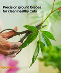 Indoor Plant Snips With Storage Caddy Pro Grade 6 Inch Plant Pruning Shears cutting green plant with forged stainless steel blades.