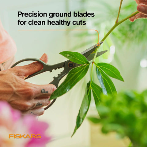 Indoor Plant Snips With Storage Caddy Pro Grade 6 Inch Plant Pruning Shears cutting green plant with forged stainless steel blades.
