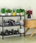 Beefy 3 Shelf Adjustable Metal Storage Rack 36 Inch Wide 14 Inch Deep 35.8 Inch High Wire Organizer For Laundry Bathroom Kitchen Pantry Closet Garage Black Supports Up To 350 Lb Per Shelf with potted plants and books