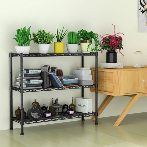 Beefy 3 Shelf Adjustable Metal Storage Rack 36 Inch Wide 14 Inch Deep 35.8 Inch High Wire Organizer For Laundry Bathroom Kitchen Pantry Closet Garage Black Supports Up To 350 Lb Per Shelf with potted plants and books
