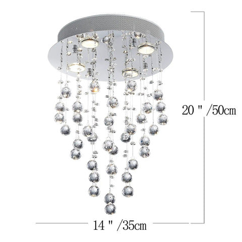 Lit Modern Crystal Round Raindrop Chandelier Flush Mount LED Ceiling Light Fixture For Dining Room Living Room Bedroom And Bathroom 14 Inch Wide 20 Inch High 4 GU10 Bulbs Required Dimmable And Energy Saving Compatible
