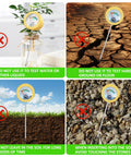 Instructional image for All In One Soil Moisture Meter Kit With Handy Plant Care Guide And 100 pH Test Strips Sample Tube No Battery Needed For Garden Lawn Farm And Indoor Plants Hygrometer Sensor Tool For Easy Moisture And pH Testing, showing proper and improper use, including avoiding water, hard ground, prolonged soil placement, and stones.