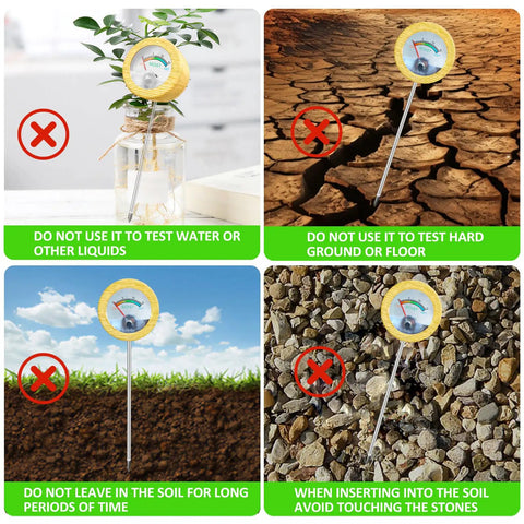 Instructional image for All In One Soil Moisture Meter Kit With Handy Plant Care Guide And 100 pH Test Strips Sample Tube No Battery Needed For Garden Lawn Farm And Indoor Plants Hygrometer Sensor Tool For Easy Moisture And pH Testing, showing proper and improper use, including avoiding water, hard ground, prolonged soil placement, and stones.