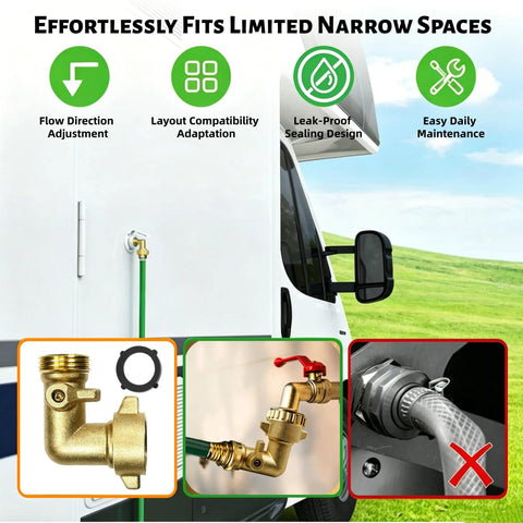 90 Degree Water Hose Elbow For RV And Garden: Brass Three Quarter Inch GHT Connector With Shut Off Valve, Lead-Free Inline Fitting For Tight Spaces, Prevents Kinks And Strain In City Water Hookups.
