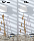 Before and after using One Cord Cable Hider Kit, 315 Inch Total Wall Cord Covers, hiding lamp cord neatly for a clean look