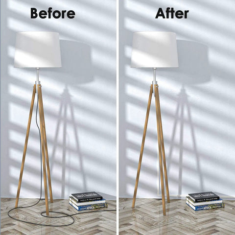 Before and after using One Cord Cable Hider Kit, 315 Inch Total Wall Cord Covers, hiding lamp cord neatly for a clean look
