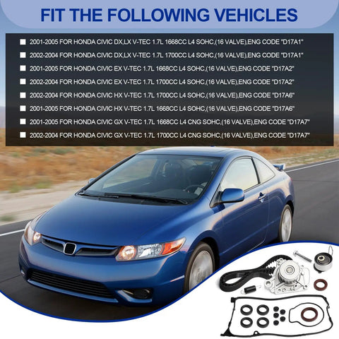 Blue Honda Civic with Honda Civic Timing Belt Kit With Water Pump And Gaskets Including Valve Cover Gasket For 2001 To 2005 1.7L VTEC D17A 16V Full Timing System Replacement