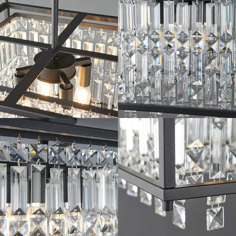 Close-up of Dope Modern Black Crystal Foyer Pendant Chandelier With Square Metal Frame and Crystal Detailing