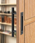 12 Inch Beefy Heavy Duty Sliding Barn Door Pull Handle Set With Two-Side Flush Design, Round Black Finish, Installed on Wooden Door