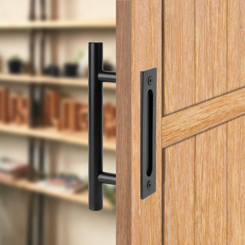12 Inch Beefy Heavy Duty Sliding Barn Door Pull Handle Set With Two-Side Flush Design, Round Black Finish, Installed on Wooden Door