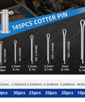 145PCS Cotter Pin Kit featuring various sizes from 1.6mm to 4.0mm stainless steel fasteners displayed on black background.