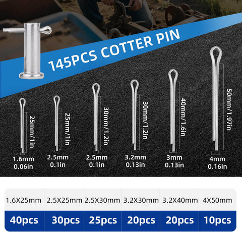 145PCS Cotter Pin Kit featuring various sizes from 1.6mm to 4.0mm stainless steel fasteners displayed on black background.