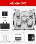 Diagram of All In One 7x7 Football And Multi Sport Throwing Net With 5 Target Holes, carry bag, stakes, poles, and net.