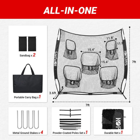 Diagram of All In One 7x7 Football And Multi Sport Throwing Net With 5 Target Holes, carry bag, stakes, poles, and net.