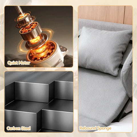 Heavy Duty Electric Lifting Backrest For Bed With Remote Control Adjustable Power Recliner System showing quiet motor, carbon steel, and rebound sponge.