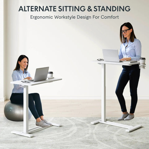 Two women using Go To Overbed Table On Wheels With Pneumatic Lift For Easy One Hand Height Adjustment Adjustable Laptop Desk