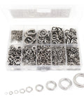 Assorted stainless steel spring lock washers, 1150pcs, sizes M2–M12, in a clear 12-compartment box
