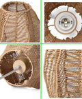 Detailed view of Rattan Woven Side Table Lamp for Boho Coastal Living Room and Bedroom showing woven texture and bulb holder.