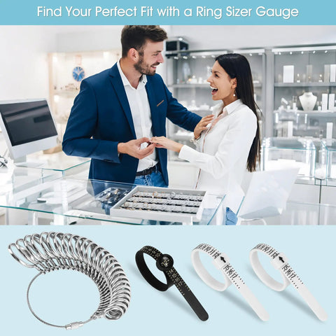 Jewelry store display with Handy Stainless Steel Ring Sizer Set With 27 Ring Gauges On Cable US Size 1 To 13 Plus Half Sizes Rust Resistant Pro Grade Ring Size Measuring Tool Kit 3 Piece Set