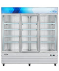 Heavy Duty Triple Glass Door Upright Freezer Merchandiser In Crisp White 52 Cubic Feet Commercial Display Cooler with shelves.