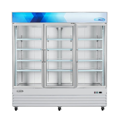 Heavy Duty Triple Glass Door Upright Freezer Merchandiser In Crisp White 52 Cubic Feet Commercial Display Cooler with shelves.