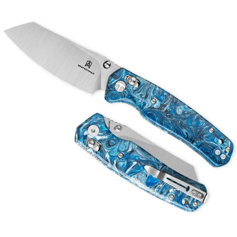 Cicadas Wing Beast Pocket Folding Knife With 3.15 Inch Satin Blade, blue resin handle, and 10Cr15MoV steel for EDC.