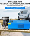Heavy Duty 3000W Pure Sine Wave Inverter Charger for off grid power on table near RV and coffee maker outdoors