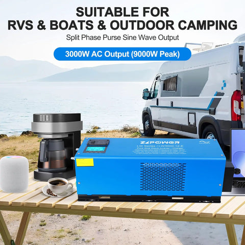 Heavy Duty 3000W Pure Sine Wave Inverter Charger for off grid power on table near RV and coffee maker outdoors