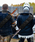 Two Piece Black Katana Sword Bag Kit With Back Strap And Waistband worn by two costumed figures, nylon holders with swords visible