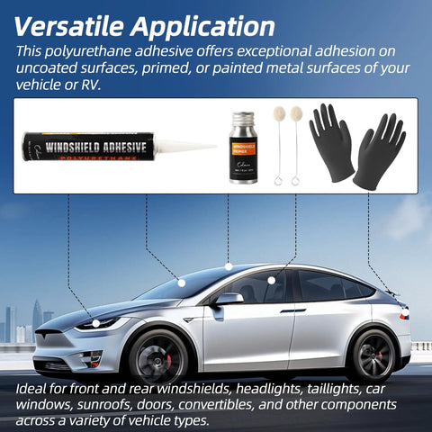 Urethane Windshield Adhesive 310ml Auto Polyurethane Sealant Kit with primer, gloves, and applicator sticks shown with a car.