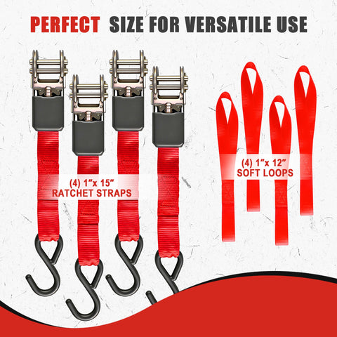 4 Pack 1 Inch By 15 Foot Ratchet Straps With 1500 Lb Break Strength S Hooks And 4 Soft Loops Neon High Visibility Webbing