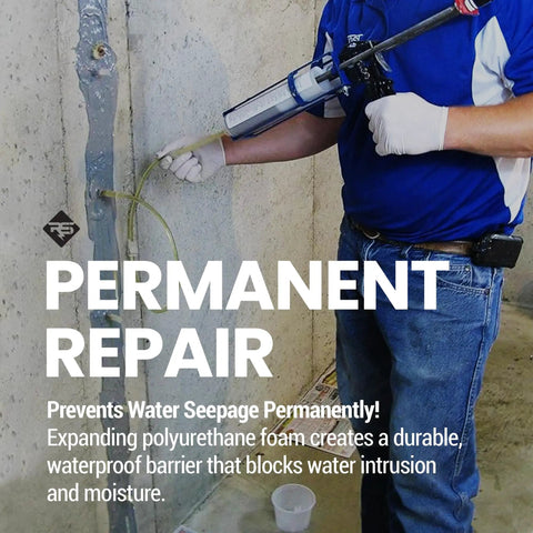 Person applying DIY Foundation Crack Repair Kit With 10 Ft Low Viscosity Urethane Sealant For Crawl Spaces And Concrete Basement Walls That Stops Water Leaks Drill Free Filler And Easy Home Fix to concrete wall