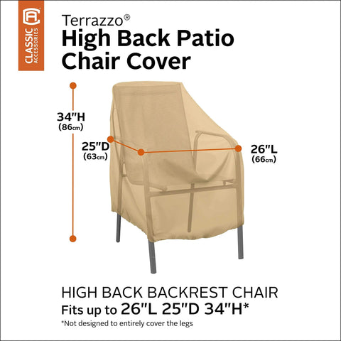 Terrazzo Water Resistant 26 Inch High Back Patio Chair Cover Built Tough For Outdoor Use All Weather Rain Snow Sun Dirt Shield Custom Fit 26L X 25D X 34H High Back Chairs displayed on square dimensions diagram.