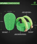 Knee Saver Knee Pads For Work And DIY, green cushioned design with non-slip surface, pro-grade comfort and support, dimensions labeled.