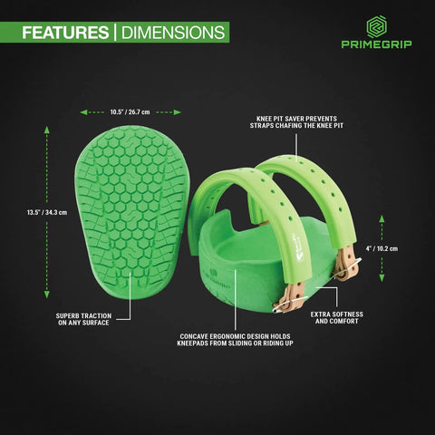 Knee Saver Knee Pads For Work And DIY, green cushioned design with non-slip surface, pro-grade comfort and support, dimensions labeled.