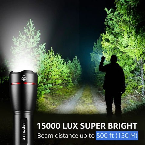 Person using a Rechargeable LED Flashlight With Zoomable Beam, 1000 Lumens Beast Bright, Waterproof Handheld Flashlight for night hiking
