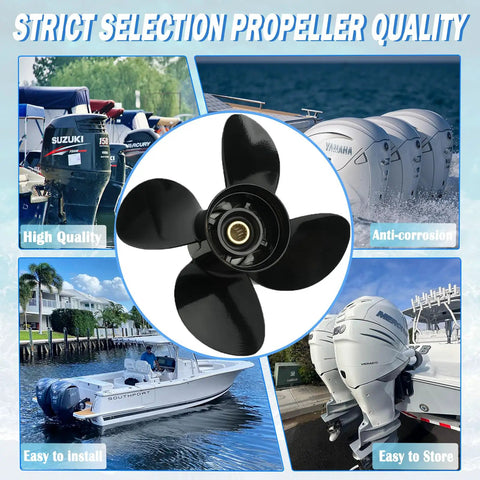 Black 4 Blade Aluminum Outboard Propeller 14 Inch By 17 Inch With 15 Spline Fits 50 HP To 140 HP DF Series Motors collage
