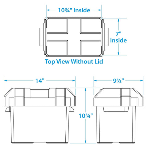 Top and side view measurements of Rock Solid Marine Battery Box For Group 24 Packs Uscg Certified Polyethylene Shell.