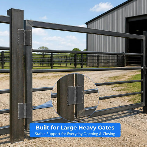 Tough As Nails 3 Inch Weld On Hinges Heavy Duty Carbon Steel Butt Hinges on a large gate for stable support outdoors.