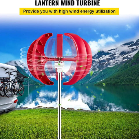 100W 12V 5 Blade Wind Turbine Generator Kit for Home Camping Off Grid, shown by a lake with a camper and mountains.