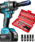 Heavy Duty 1000 Newton Meter Cordless Impact Wrench Kit with half inch drive, 21 volt, brushless motor, includes 46 piece socket set