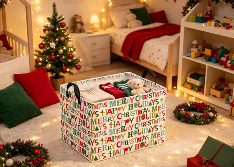 Slick Rectangular Storage Basket Waterproof Canvas Bin Collapsible Christmas Gift Organizer And Room Decor with folded clothes and teddy bear.