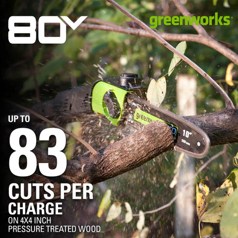 80V 10 Inch Cordless Polesaw For Pruning And Trimming Branches With Brushless Motor And Automatic Oiler Delivers Long Runtime 83 Cuts Per Charge Tool Only Compatible With 75 Plus Tools in action cutting a branch