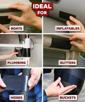 Collage showing waterproof patch seal tape for quick leak fixes, 6 inch by 5 foot black, used on boats, inflatables, plumbing, gutters, hoses, buckets
