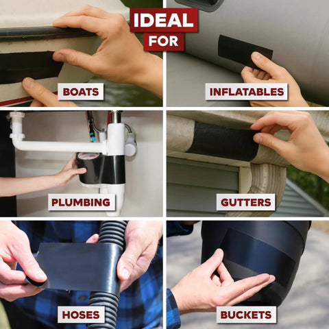 Collage showing waterproof patch seal tape for quick leak fixes, 6 inch by 5 foot black, used on boats, inflatables, plumbing, gutters, hoses, buckets
