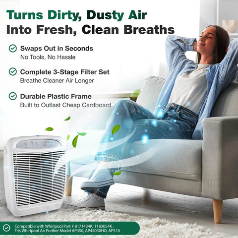 Woman relaxing on sofa with visible air purifier depicting effectiveness; Top Rated HEPA Air Purifier Replacement Filter For Kenmore Units 83200 83202 83230 83354 83355 And 295 Series Compatible With 83375 83376 2 Pack Crucial Air Designed For Cleaner Indoor Air
